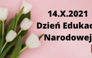 białe tulipany na różowym tle z napisem Dzień Edukacji Narodowej