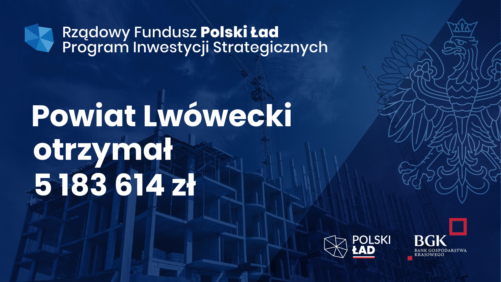 Plakat programu: Polski Ład Program Inwestycji Strategicznych na niebieskim tle napis Powiat Lwówecki otrzymał 5 183 614 zł
