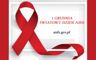 czerwona wstążka na białym tle, napis: 1 Grudnia, Światowy dzień Aids, aids.gov.pl"