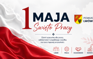 napis 1 maja Święto Pracy na tle flagi polski