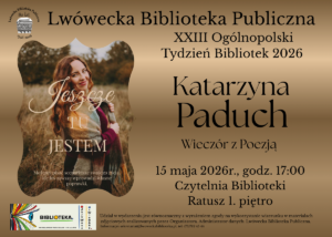 obrazek wyróżniający do wydarzenia Zapraszamy Państwa na wyjątkowy Wieczór z Poezją, którego bohaterką będzie Pani Katarzyna Paduch. Mieszkanka podlwóweckiego Brunowa. Na co dzień pracuje jako księgowa, a w wolnych chwilach realizuje artystyczne pasje - czyta i recenzuje książki, szyje na maszynie oraz pisze wiersze. Aktywnie działa w Internecie, w tzw. bookmediach. Można ją znaleźć na Instagramie pod nazwą Bookstagram Kasi. Swoje wiersze prezentowała już w Biuletynach Szkolnych Zespołu Szkół Ogólnokształcących w Lwówku Śląskim, którego jest absolwentką. Poezja, którą tworzy, towarzyszy jej od czasów nastoletnich. To dzięki niej przetrwała ciężkie chwile w swoim życiu. W niedalekiej przyszłości ma w planach samodzielnie wydać swój pierwszy tomik wierszy, których część do tej pory opublikowała w internecie. Spotkanie w lwóweckiej bibliotece będzie jej debiutem przed publicznością. Wydarzenie odbędzie się w najbliższy piątek, 15 maja 2026 r. o godz. 17.00 w Czytelni biblioteki, a organizowane jest w ramach XXIII Tygodnia Bibliotek pod hasłem „Biblioteka. Otwierasz. Odkrywasz.”
