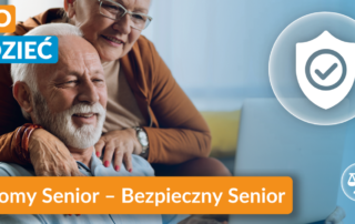 Grafika promująca akcję „Świadomy Senior – Bezpieczny Senior”. Przedstawia uśmiechniętą parę seniorów korzystających z laptopa. Po prawej stronie widoczne są symbole bezpieczeństwa, informacji i prawa. Na grafice znajduje się napis „Warto wiedzieć”.