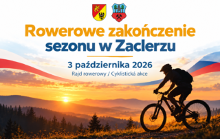 Grafika promująca rowerowe zakończenie sezonu w Žacléřu 3 października 2026 roku. Na tle górskiego krajobrazu o zachodzie słońca widoczny jest rowerzysta. U góry znajdują się herby partnerów, a na grafice umieszczono napis „Rowerowe zakończenie sezonu w Žacléřu – 3 października 2026”.