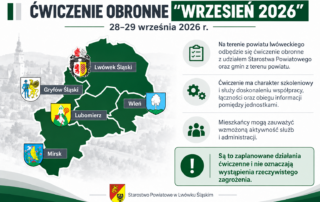 Grafika informacyjna dotycząca ćwiczenia obronnego „WRZESIEŃ 2026”, które odbędzie się w dniach 28–29 września 2026 r. na terenie powiatu lwóweckiego. Na grafice znajduje się mapa powiatu z oznaczeniem gmin: Lwówek Śląski, Gryfów Śląski, Lubomierz, Wleń i Mirsk. Informacja wskazuje, że ćwiczenie ma charakter szkoleniowy i służy doskonaleniu współpracy, łączności oraz obiegu informacji. Podkreślono, że są to zaplanowane działania ćwiczebne i nie oznaczają wystąpienia rzeczywistego zagrożenia.