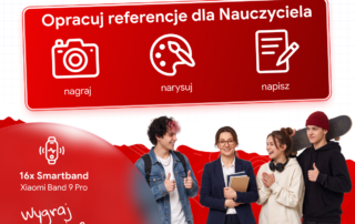 Grafika konkursowa GoWork.pl „Belferencje – oceniamy, bo doceniamy”. Zachęca do przygotowania referencji dla nauczyciela w jednej z trzech form: nagrania, rysunku lub tekstu. Do wygrania jest 16 opasek Xiaomi Band 9 Pro oraz 48 voucherów o wartości 350, 250 i 200 zł. Na grafice widoczna jest nauczycielka stojąca wśród uśmiechniętych uczniów oraz hasło „Weź udział w konkursie”.