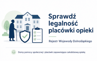 Grafika informacyjna na jasnym tle. Po lewej stronie widoczna jest sylwetka starszej osoby z laską, budynek placówki opieki, tarcza z zielonym znakiem potwierdzenia oraz plansza z listą kontrolną. Po prawej stronie znajduje się duży napis: „Sprawdź legalność placówki opieki”, a poniżej: „Rejestr Wojewody Dolnośląskiego”. U dołu zamieszczono dopisek: „Domy pomocy społecznej i placówki zapewniające całodobową opiekę”. Grafika zachęca do sprawdzenia, czy placówka działa legalnie.