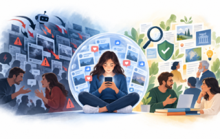 Ilustracja przedstawiająca zjawisko baniek informacyjnych w Internecie. W centrum młoda kobieta korzysta ze smartfona, siedząc wewnątrz przezroczystej bańki otoczonej postami i symbolami polubień. Po lewej stronie widoczne są fałszywe informacje, znaki ostrzegawcze i kłócący się ludzie. Po prawej przedstawiono weryfikowanie informacji, rozmowę i krytyczne myślenie, symbolizowane przez lupę, tarczę z haczykiem oraz żarówkę. Grafika ukazuje wpływ mediów społecznościowych na postrzeganie rzeczywistości oraz znaczenie świadomego korzystania z informacji.