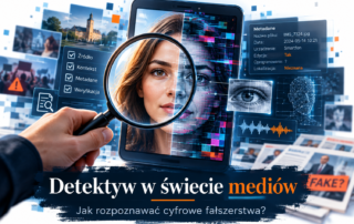 Grafika promocyjna przedstawia smartfon lub tablet z wizerunkiem kobiety, której twarz jest podzielona na dwie części – jedna wygląda naturalnie, druga jest zniekształcona cyfrowo i przypomina fałszerstwo. Na ekran skierowane jest szkło powiększające trzymane w dłoni, co nawiązuje do sprawdzania i analizowania treści. Wokół widoczne są elementy kojarzące się z weryfikacją informacji: okna z metadanymi, lista kontrolna, wykres fali dźwiękowej, zbliżenie oka oraz symbole ostrzeżeń. U dołu znajduje się tytuł: „Detektyw w świecie mediów” oraz podtytuł: „Jak rozpoznawać cyfrowe fałszerstwa?”. Grafika utrzymana jest w nowoczesnej, niebiesko-pomarańczowej stylistyce.