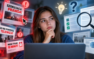 Młoda kobieta siedzi przed laptopem i zastanawia się nad wiarygodnością informacji znalezionych w internecie. Po lewej stronie widoczne są czerwone, alarmujące nagłówki, takie jak „Szokująca prawda!” i „Masz tylko 10 minut!”, symbolizujące manipulację i clickbait. Po prawej stronie znajdują się lupa, znaki zapytania, lista kontrolna i żarówka, symbolizujące krytyczne myślenie, weryfikację źródeł oraz świadome korzystanie z informacji.