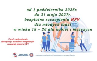 Grafika informacyjna Powiatowej Stacji Sanitarno-Epidemiologicznej w Lwówku Śląskim dotycząca bezpłatnych szczepień przeciw HPV dla kobiet i mężczyzn w wieku 18–26 lat. Szczepienia są dostępne od 1 października 2026 r. do 31 maja 2027 r. Na grafice znajduje się ilustracja młodych osób, personelu medycznego oraz dużej strzykawki z symbolem wirusa HPV.